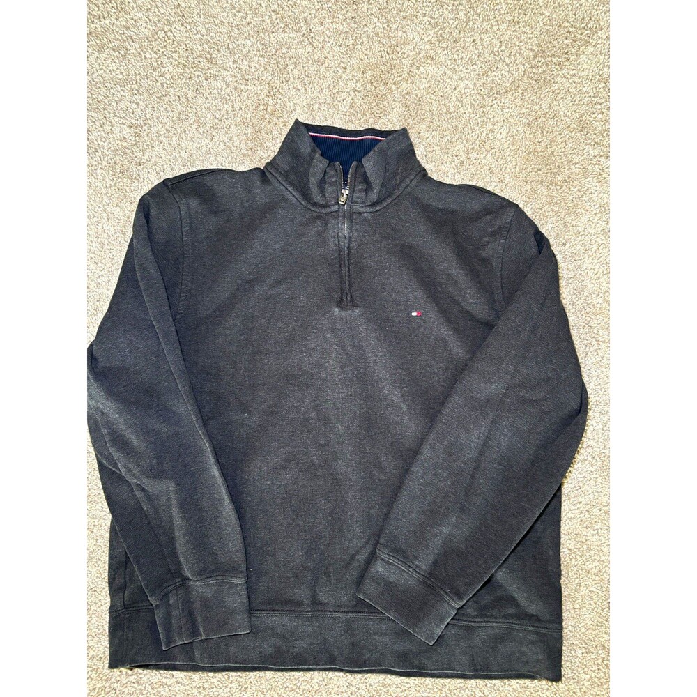 Tommy Hilfiger Men's Qtr Zip Mock Neck Logo Sweatshirt Gray Cotton Knit XL